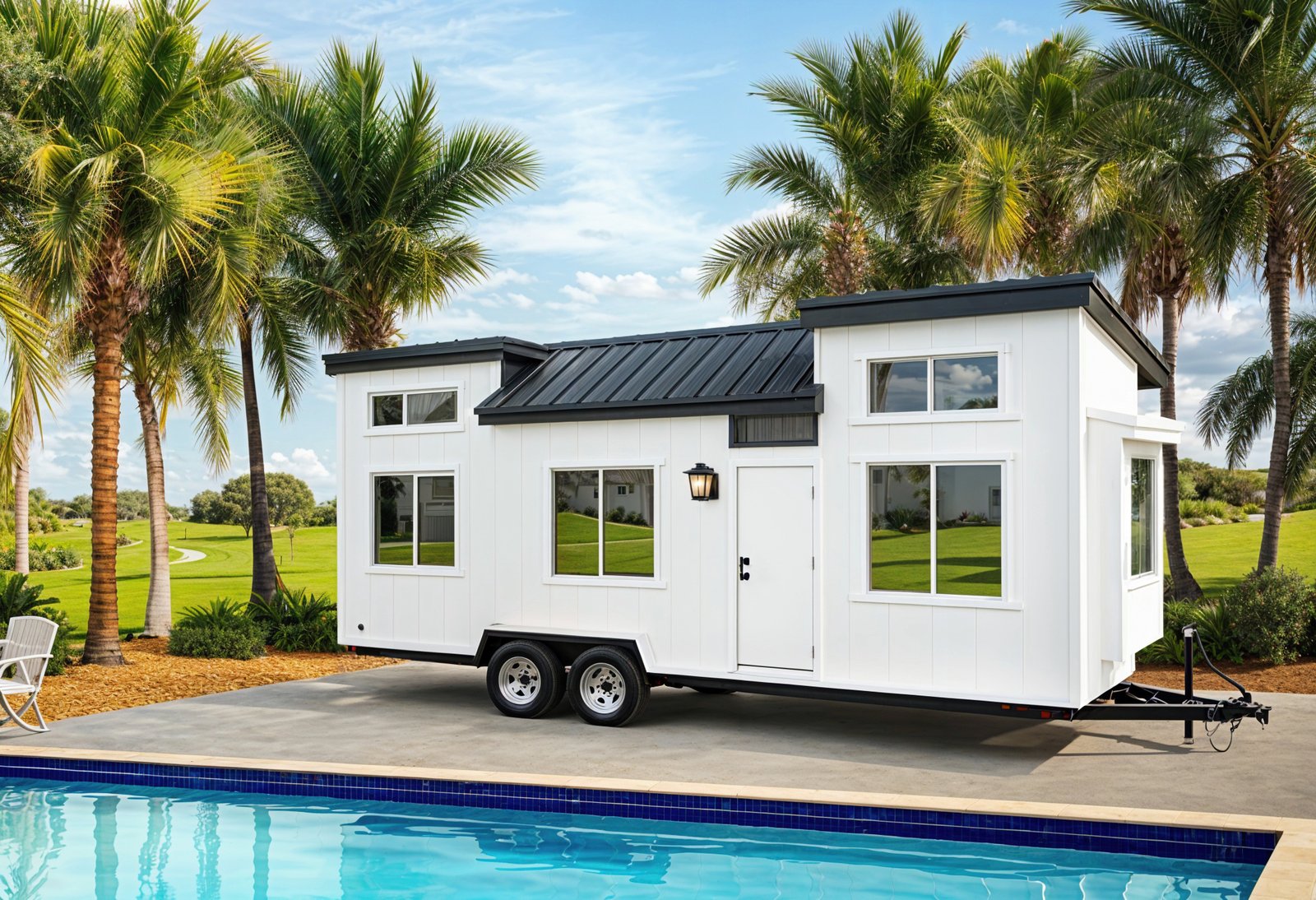 The Palisade tiny home for sale in California with pool and palm trees