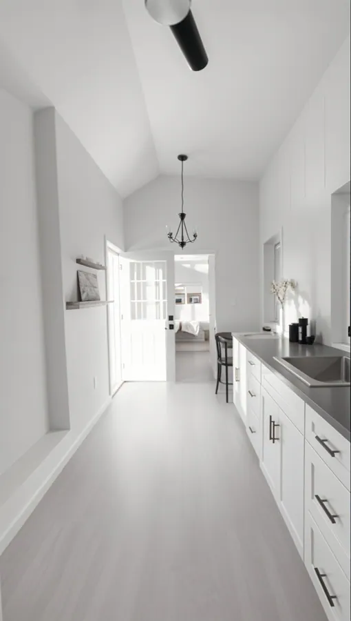 Bright hallway and kitchen interior of a custom tiny home in California