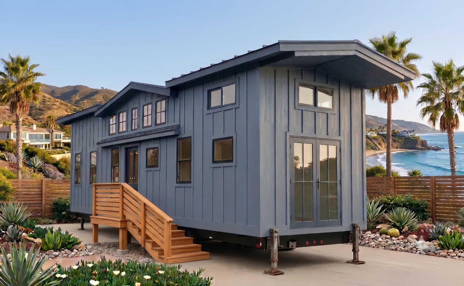 The Malibu one-story tiny home exterior with coastal hillside views